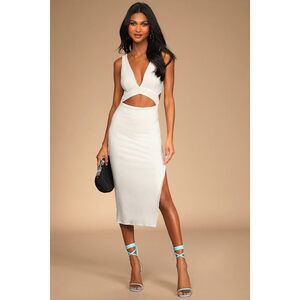 Lulus Divide And Contour White Ribbed Cutout Bodycon Midi Dress - Size S